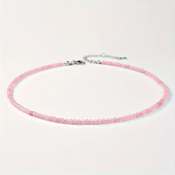 Jewelry - Rose Quartz Natural Stone Beaded Necklace - Very Thin Small 2mm Beads
